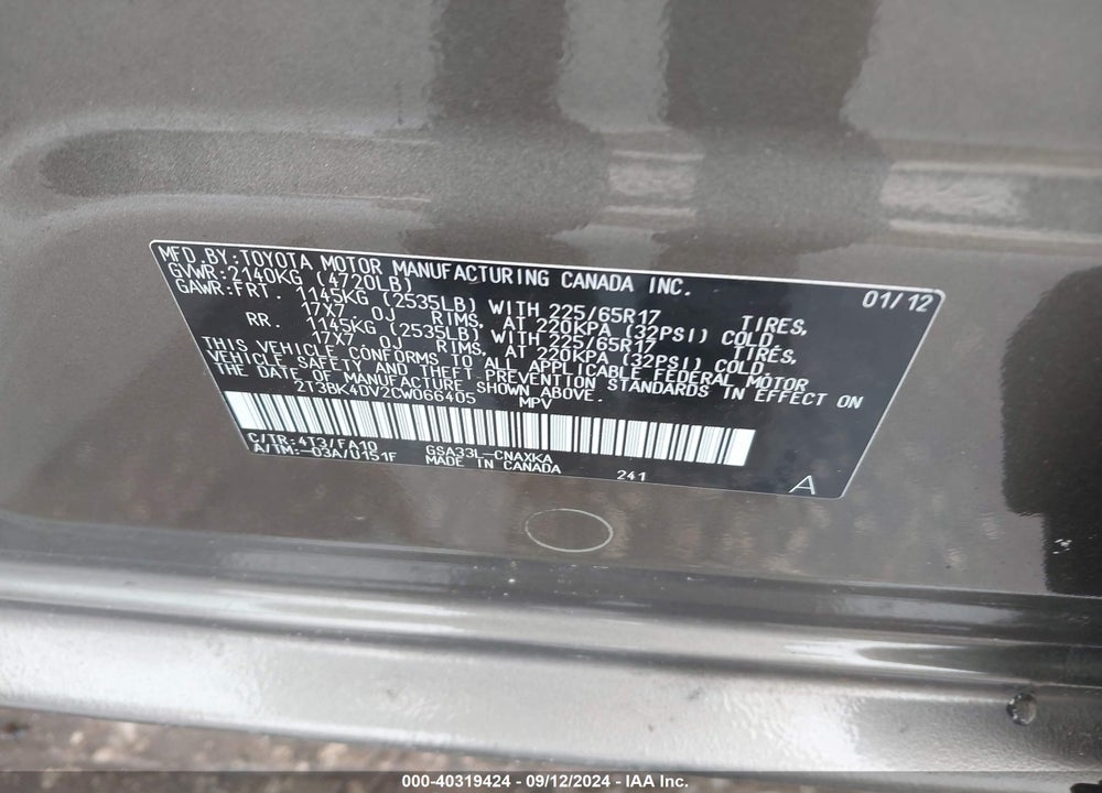 2012 TOYOTA RAV4 BASE V6 VIN: 2T3BK4DV2CW066405