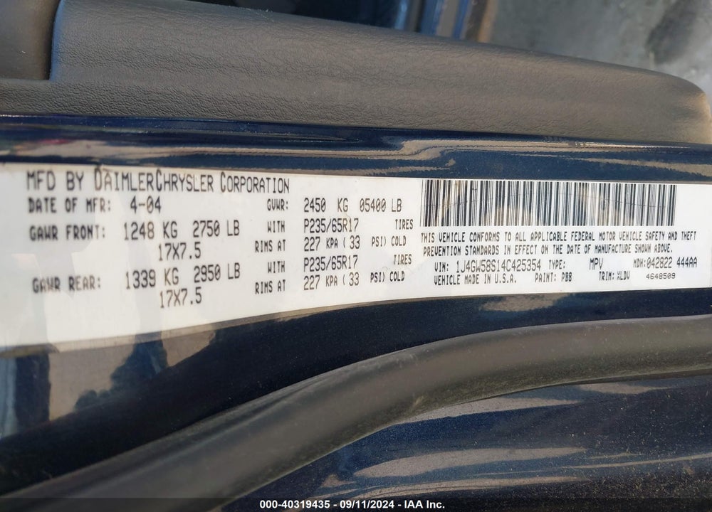 2004 JEEP GRAND CHEROKEE LIMITED VIN: 1J4GW58S14C425354