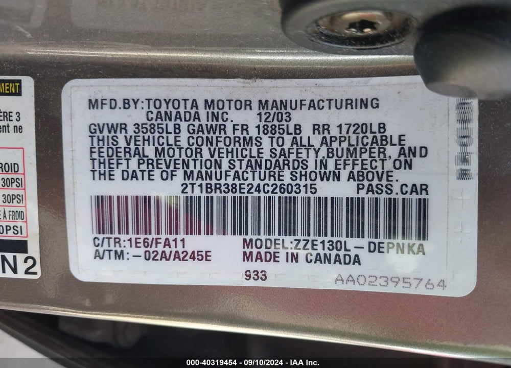 2004 TOYOTA COROLLA LE VIN: 2T1BR38E24C260315