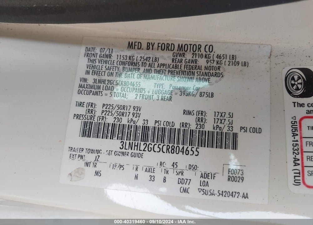 2012 LINCOLN MKZ VIN: 3LNHL2GC5CR804655