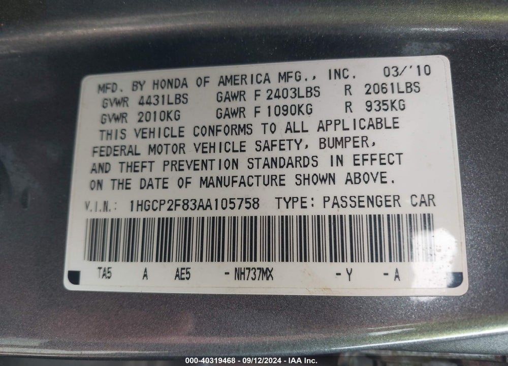 2010 HONDA ACCORD 2.4 EX-L VIN: 1HGCP2F83AA105758