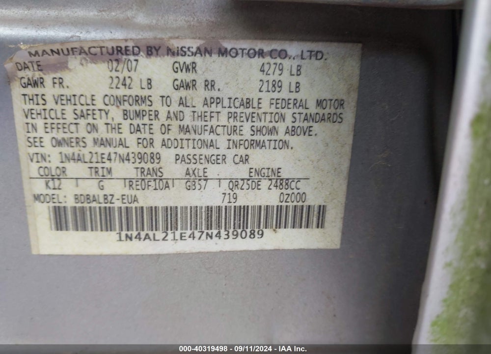 2007 NISSAN ALTIMA 2.5 S VIN: 1N4AL21E47N439089