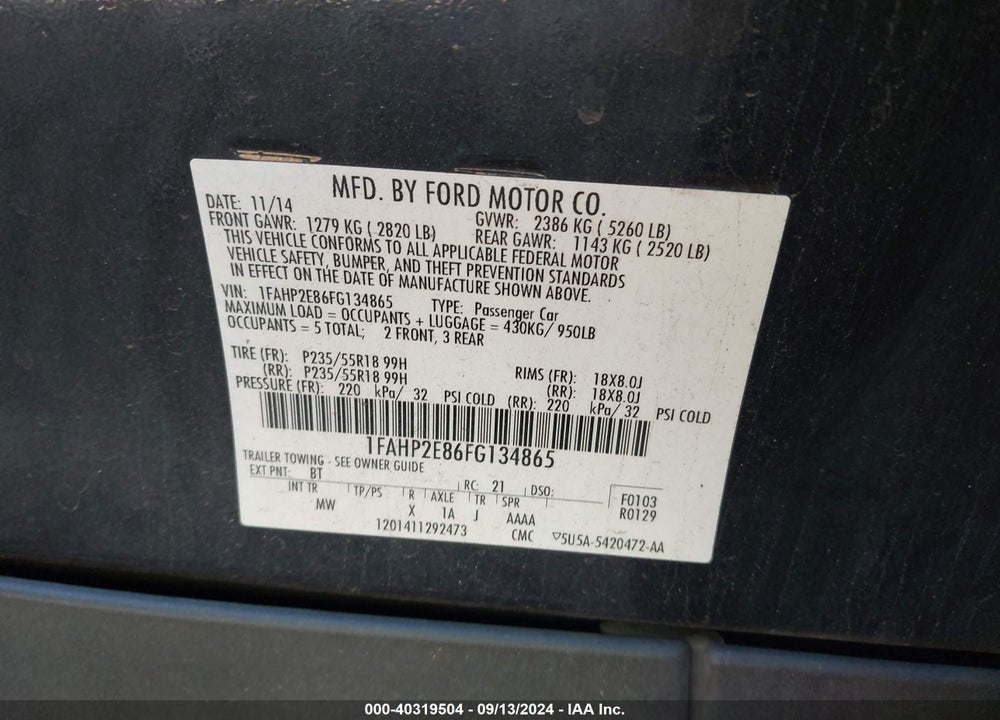 2015 FORD TAURUS SEL VIN: 1FAHP2E86FG134865