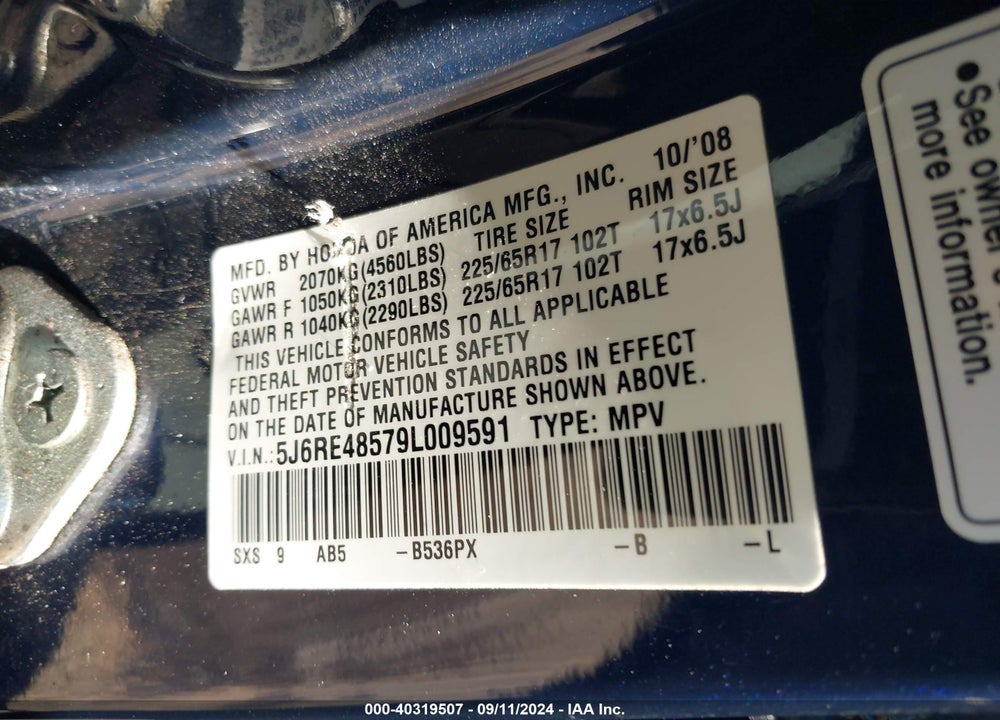 2009 HONDA CR-V EX VIN: 5J6RE48579L009591