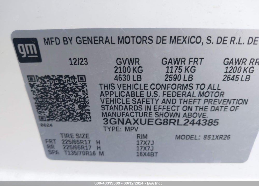 2024 CHEVROLET EQUINOX AWD LT VIN: 3GNAXUEG8RL244385