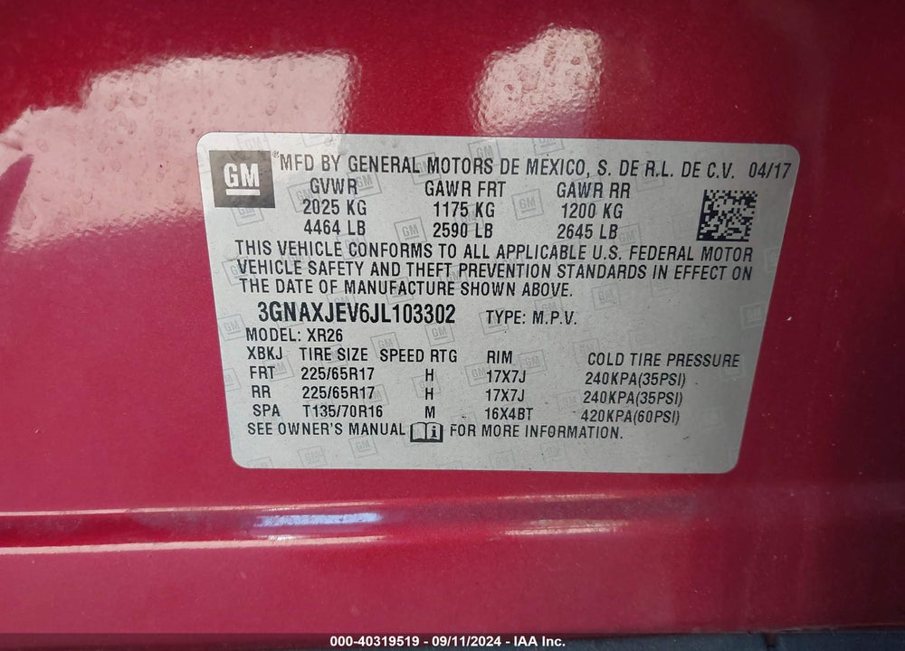 2018 CHEVROLET EQUINOX VIN: 3GNAXJEV6JL103302