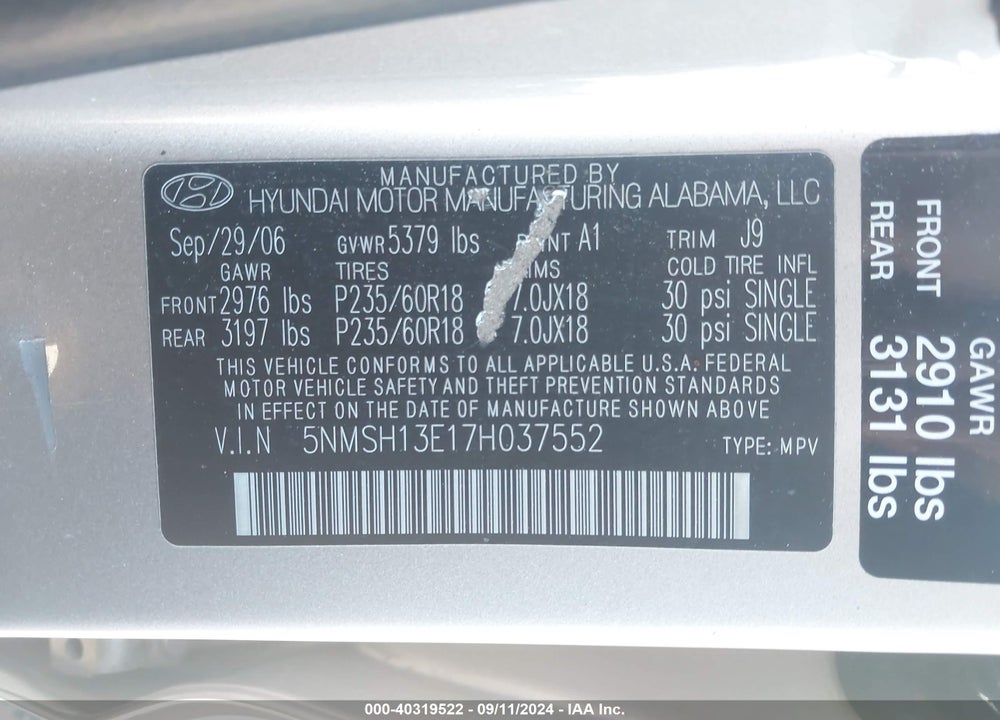 2007 HYUNDAI SANTA FE LIMITED/SE VIN: 5NMSH13E17H037552