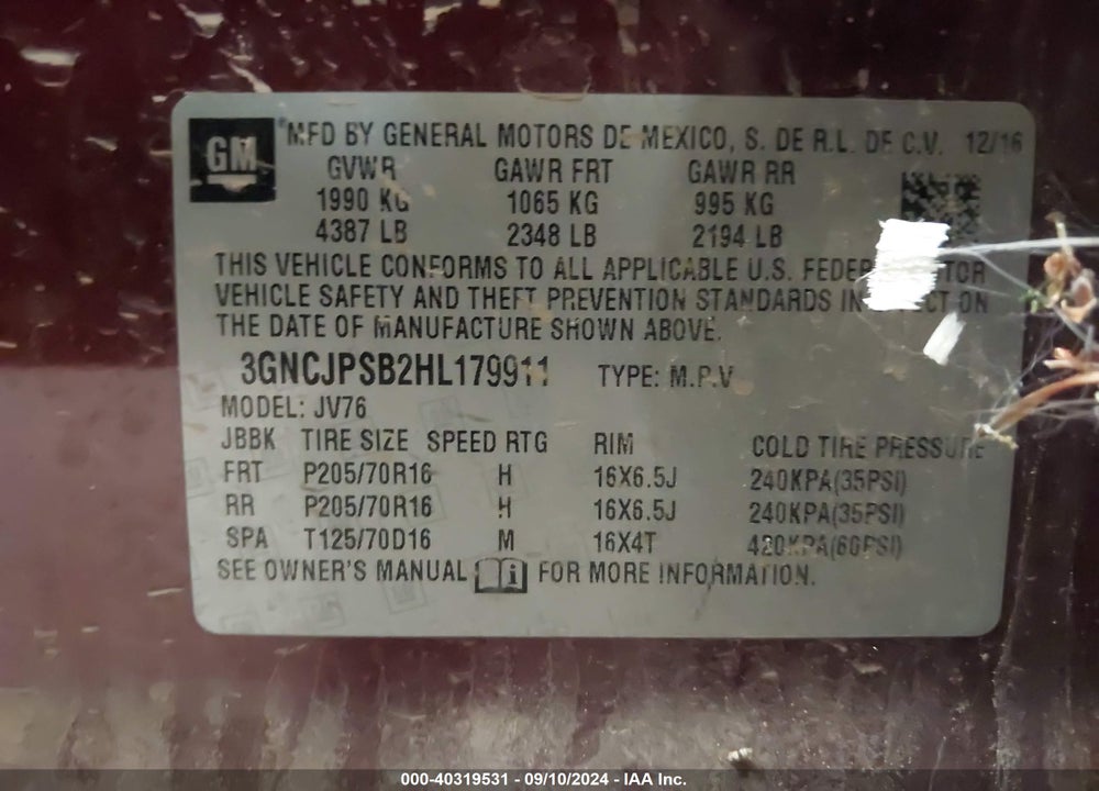 2017 CHEVROLET TRAX LT VIN: 3GNCJPSB2HL179911