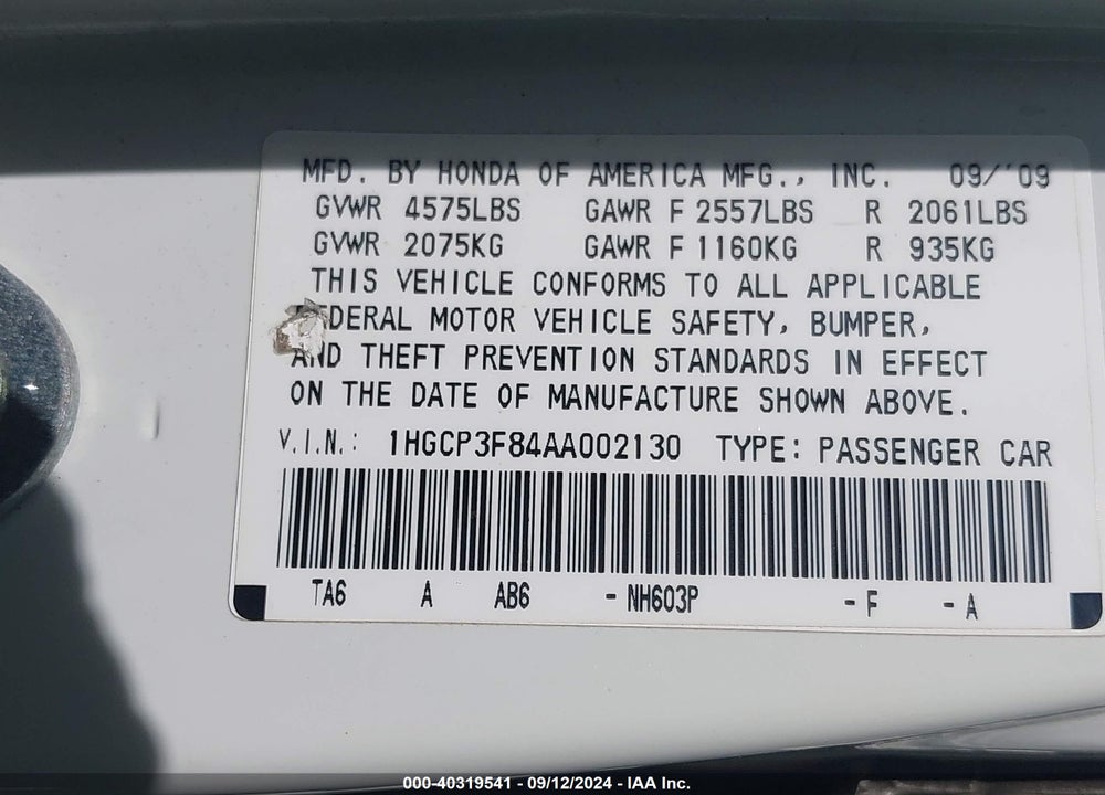 2010 HONDA ACCORD 3.5 EX-L VIN: 1HGCP3F84AA002130