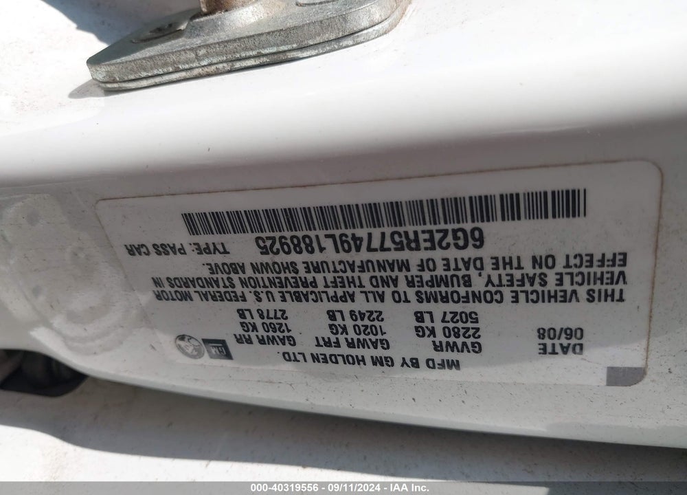 2009 PONTIAC G8 VIN: 6G2ER57749L188925