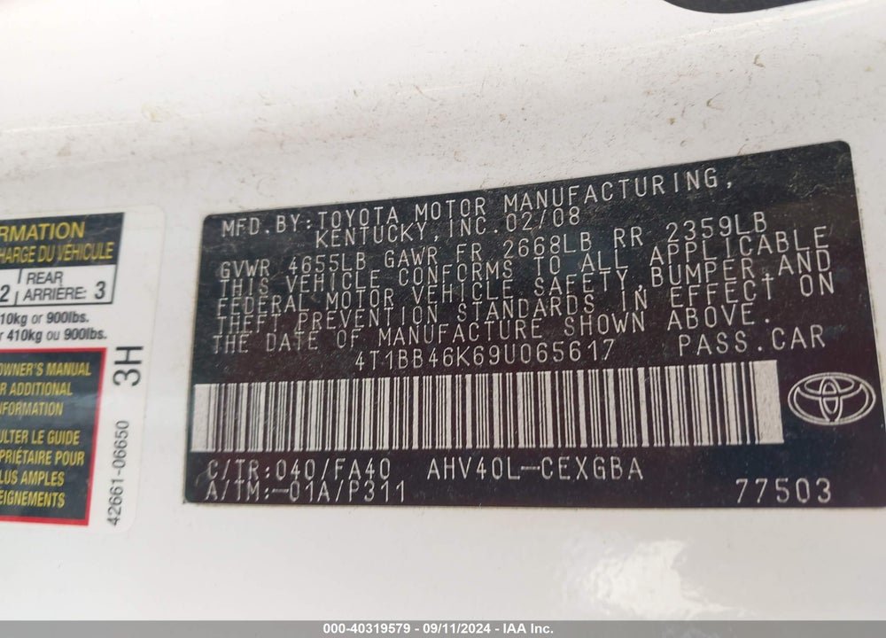 2009 TOYOTA CAMRY HYBRID VIN: 4T1BB46K69U065617
