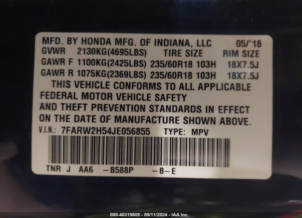 2018 HONDA CR-V VIN: 7FARW2H54JE056855