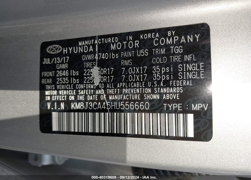 2017 HYUNDAI TUCSON SE VIN: KM8J3CA45HU556660