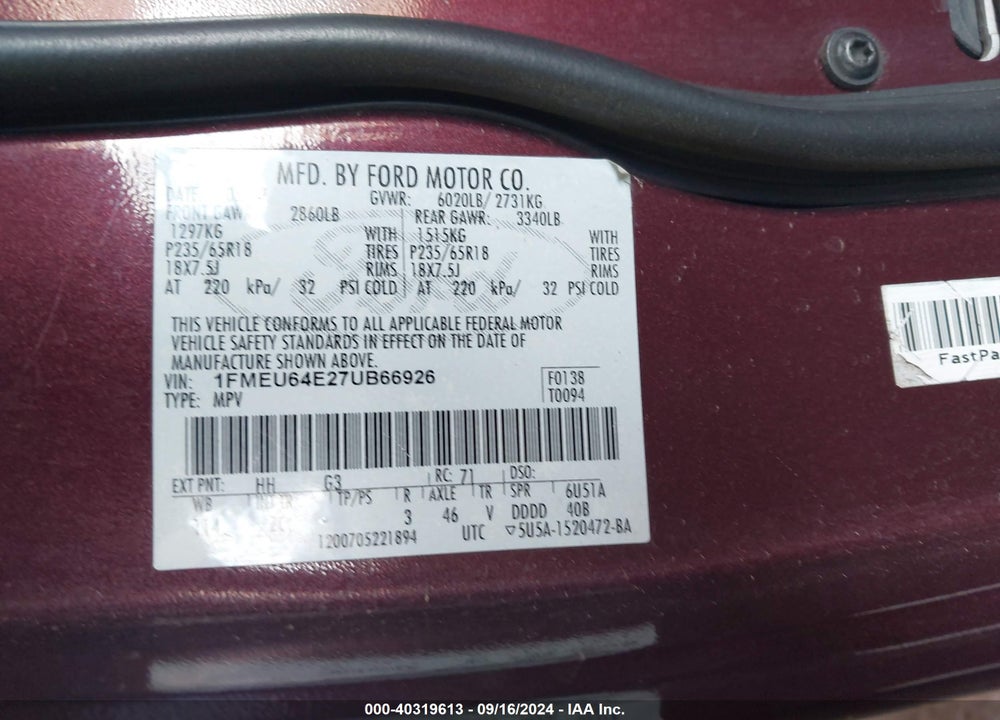 2007 FORD EXPLORER EDDIE BAUER VIN: 1FMEU64E27UB66926