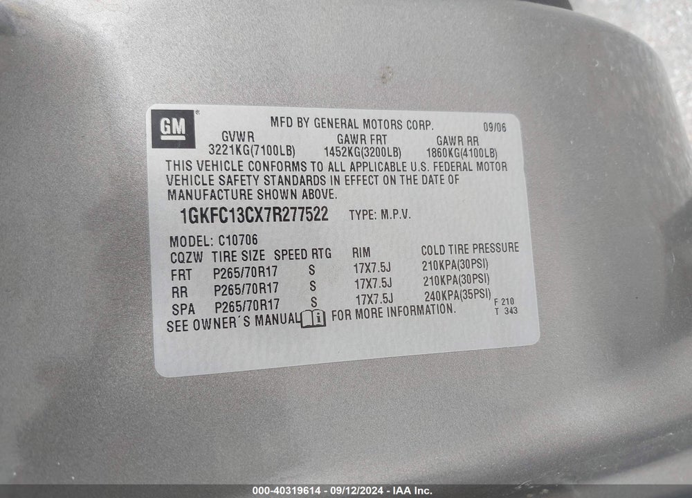 2007 GMC YUKON COMMERCIAL FLEET VIN: 1GKFC13CX7R277522