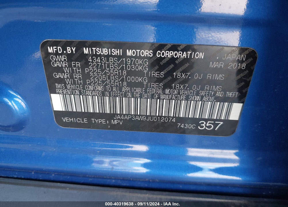 2018 MITSUBISHI OUTLANDER SPORT 2.4 SE VIN: JA4AP3AW9JU012074