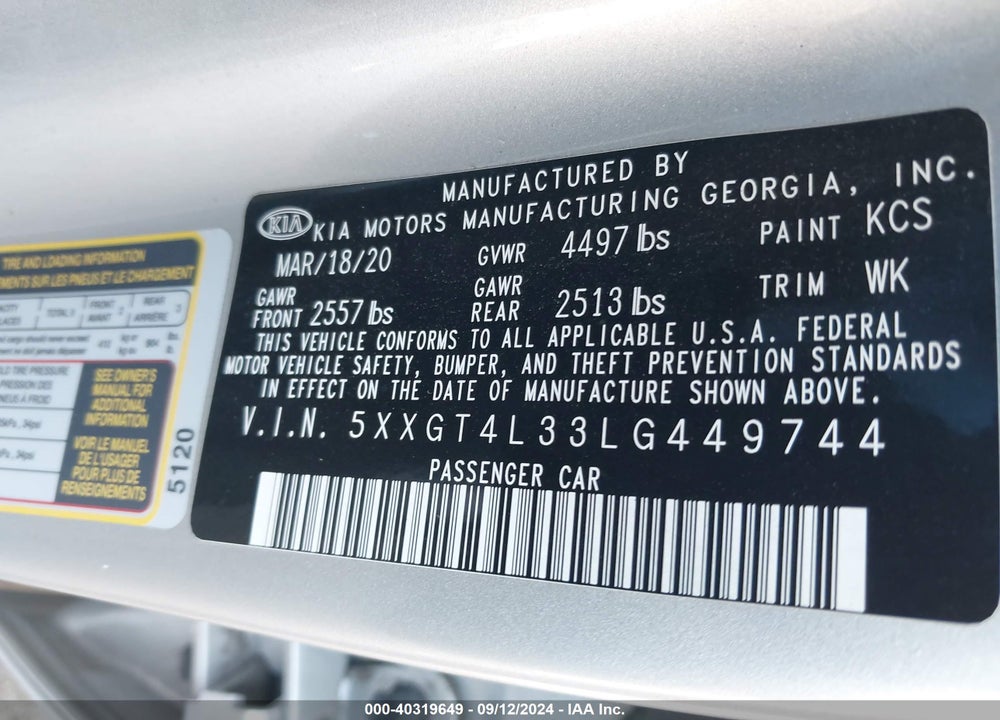 2020 KIA OPTIMA LX VIN: 5XXGT4L33LG449744