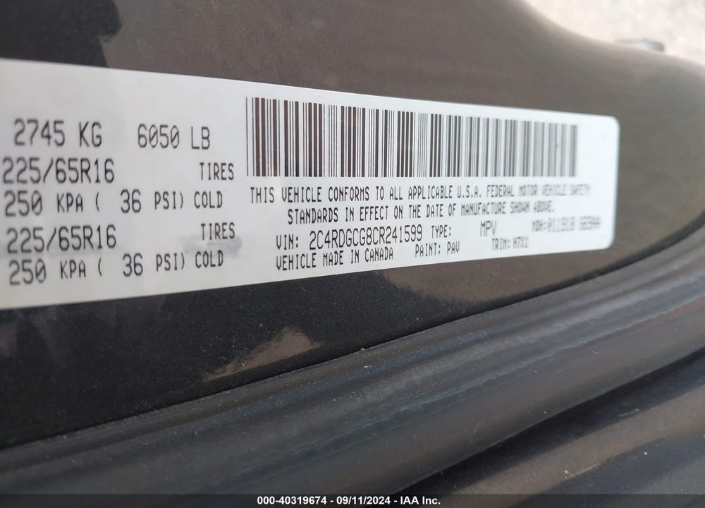 2012 DODGE GRAND CARAVAN SXT VIN: 2C4RDGCG8CR241599