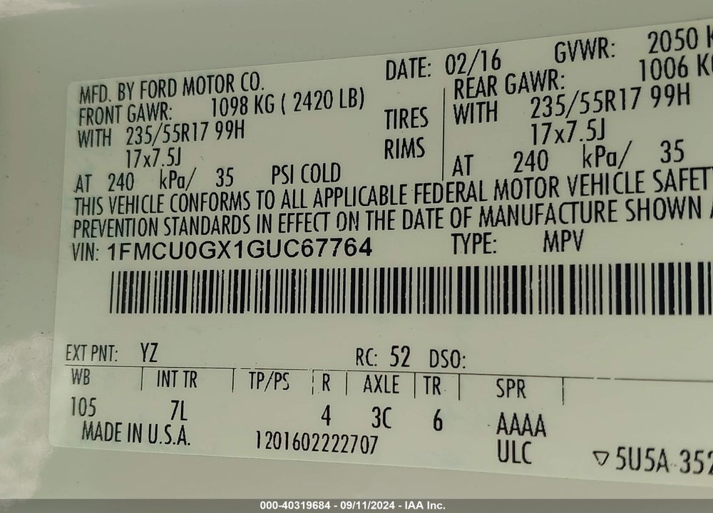 2016 FORD ESCAPE SE VIN: 1FMCU0GX1GUC67764