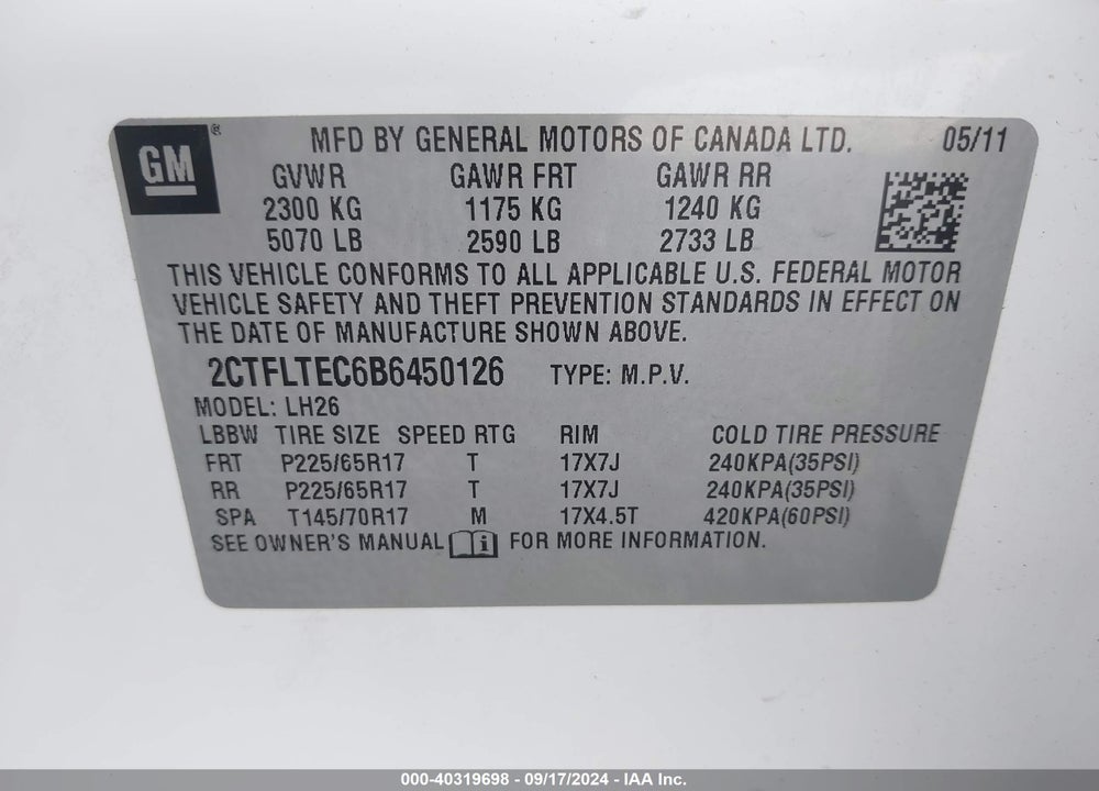 2011 GMC TERRAIN SLE-2 VIN: 2CTFLTEC6B6450126