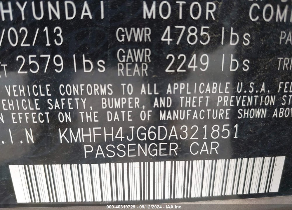 2013 HYUNDAI AZERA VIN: KMHFH4JG6DA321851