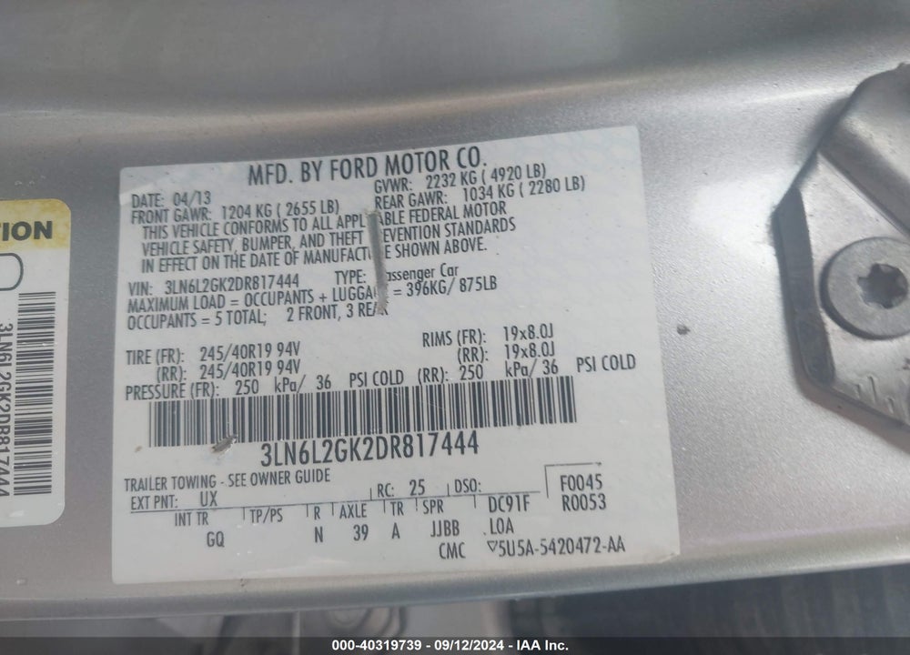 2013 LINCOLN MKZ VIN: 3LN6L2GK2DR817444
