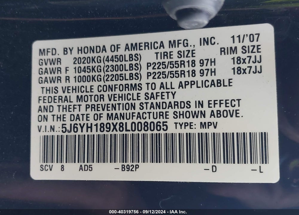 2008 HONDA ELEMENT SC VIN: 5J6YH189X8L008065