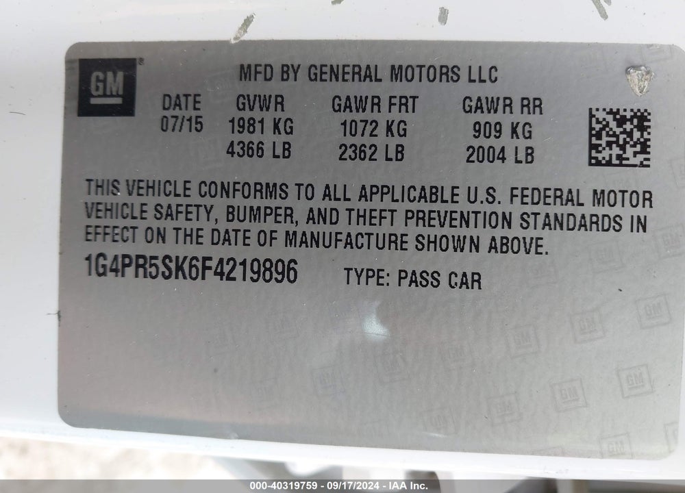 2015 BUICK VERANO VIN: 1G4PR5SK6F4219896