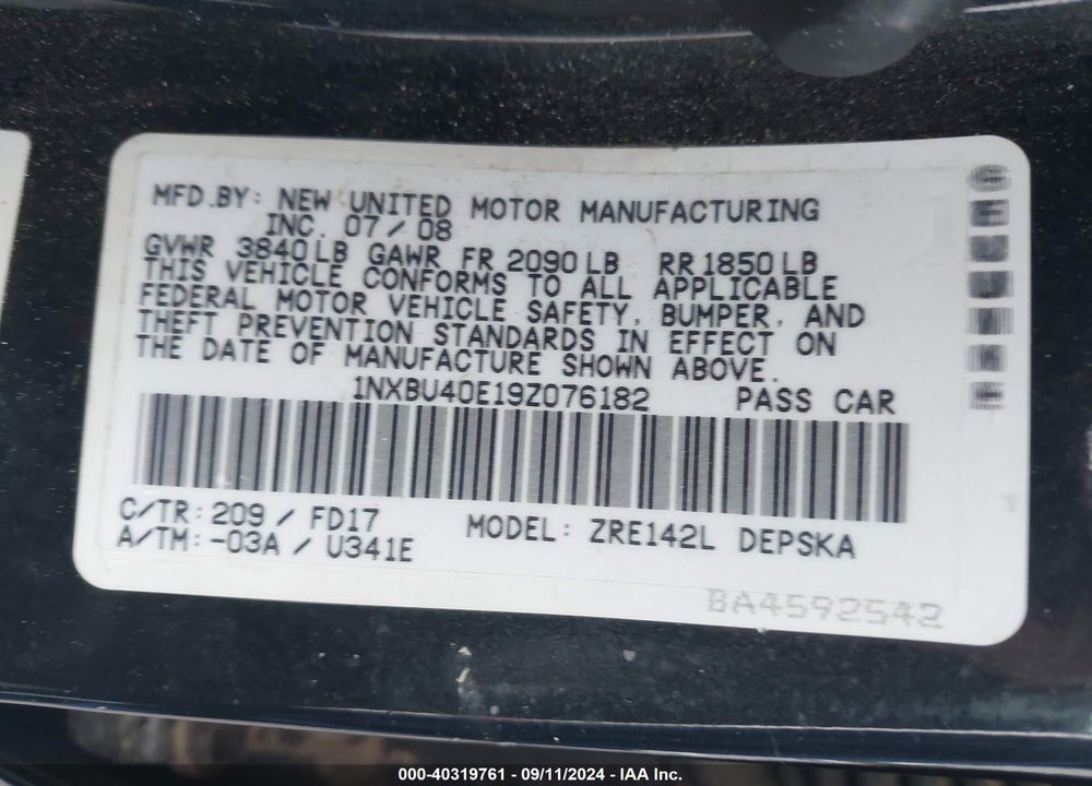 2009 TOYOTA COROLLA S VIN: 1NXBU40E19Z076182