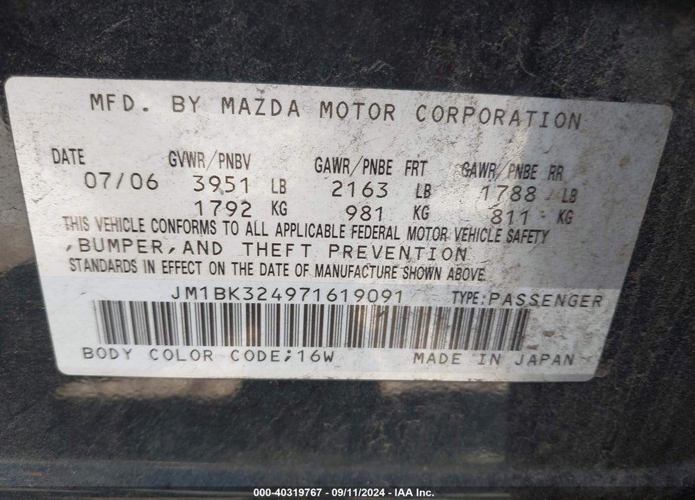 2007 MAZDA 3 S GRAND TOURING VIN: JM1BK324971619091