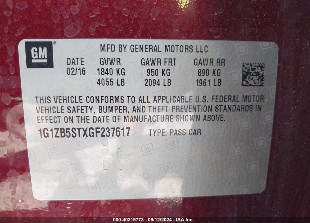 2016 CHEVROLET MALIBU LS VIN: 1G1ZB5STXGF237617
