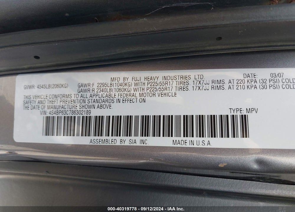 2008 SUBARU OUTBACK VIN: 4S4BP63C786302189
