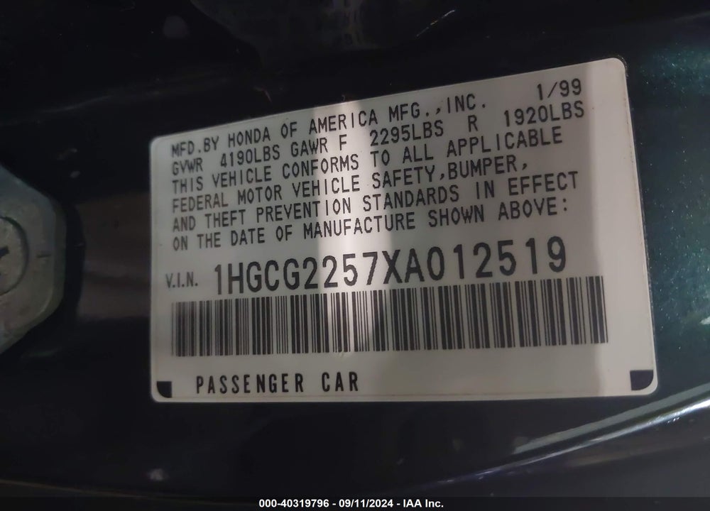 1999 HONDA ACCORD EX V6 VIN: 1HGCG2257XA012519