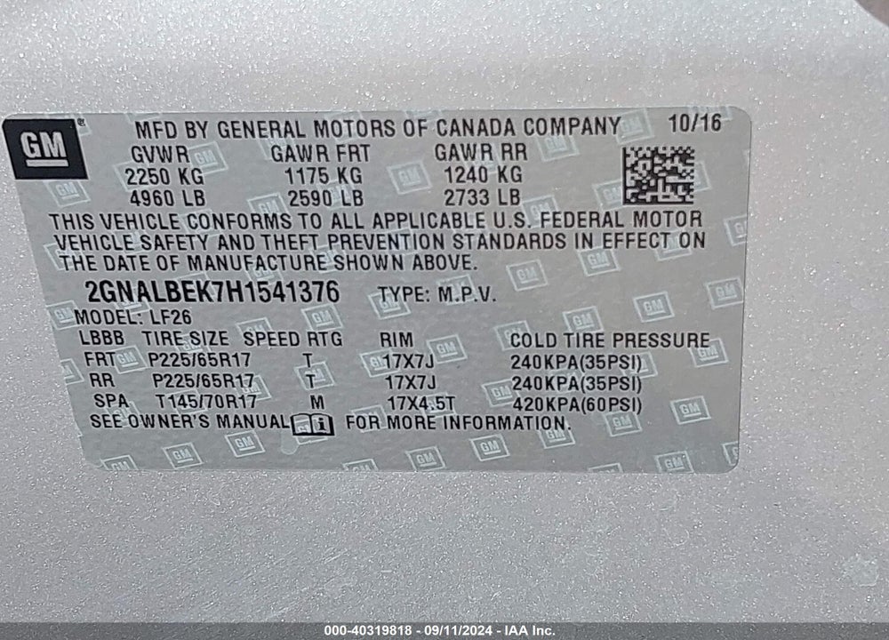 2017 CHEVROLET EQUINOX LS VIN: 2GNALBEK7H1541376
