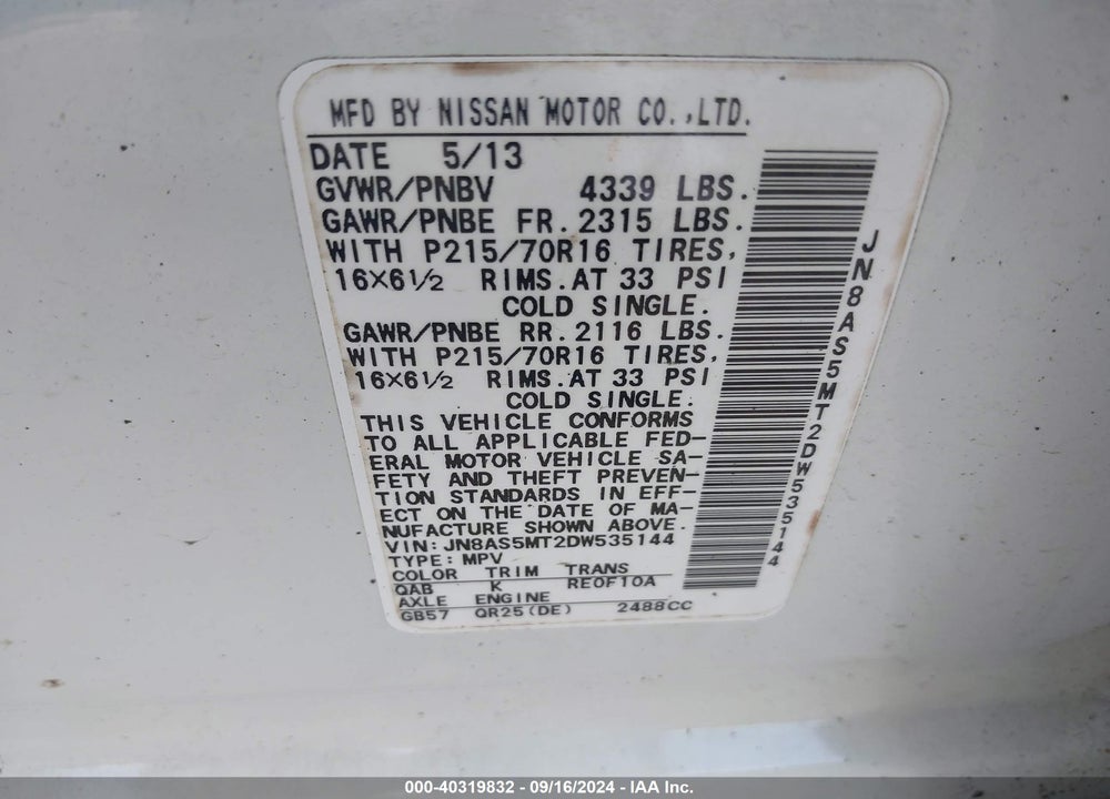 2013 NISSAN ROGUE S VIN: JN8AS5MT2DW535144