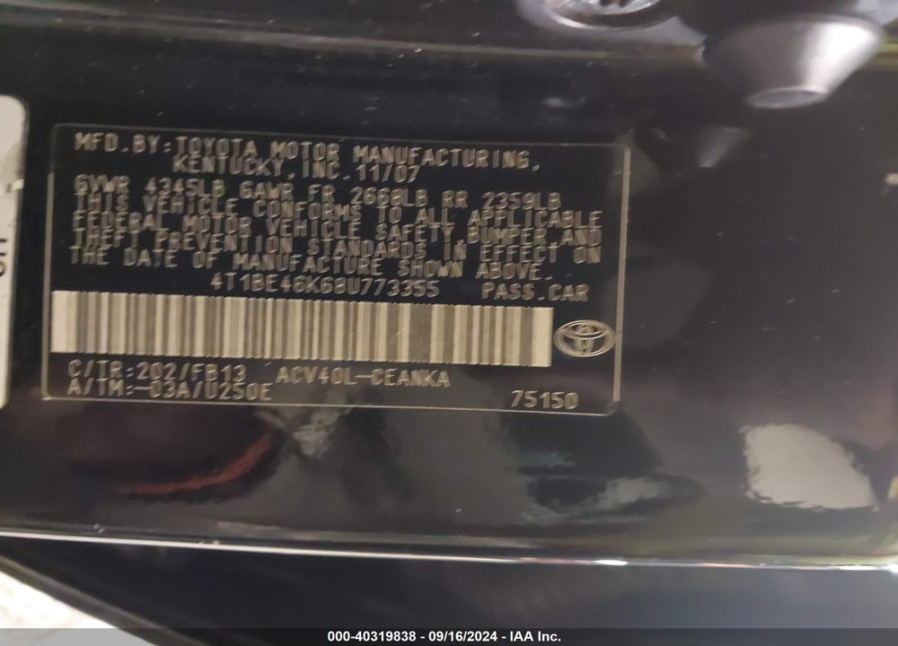 2008 TOYOTA CAMRY LE VIN: 4T1BE46K68U773355