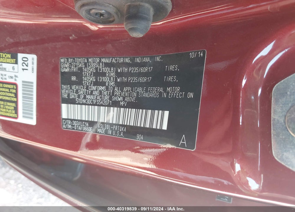 2015 TOYOTA SIENNA XLE 8 PASSENGER VIN: 5TDYK3DC1FS542071