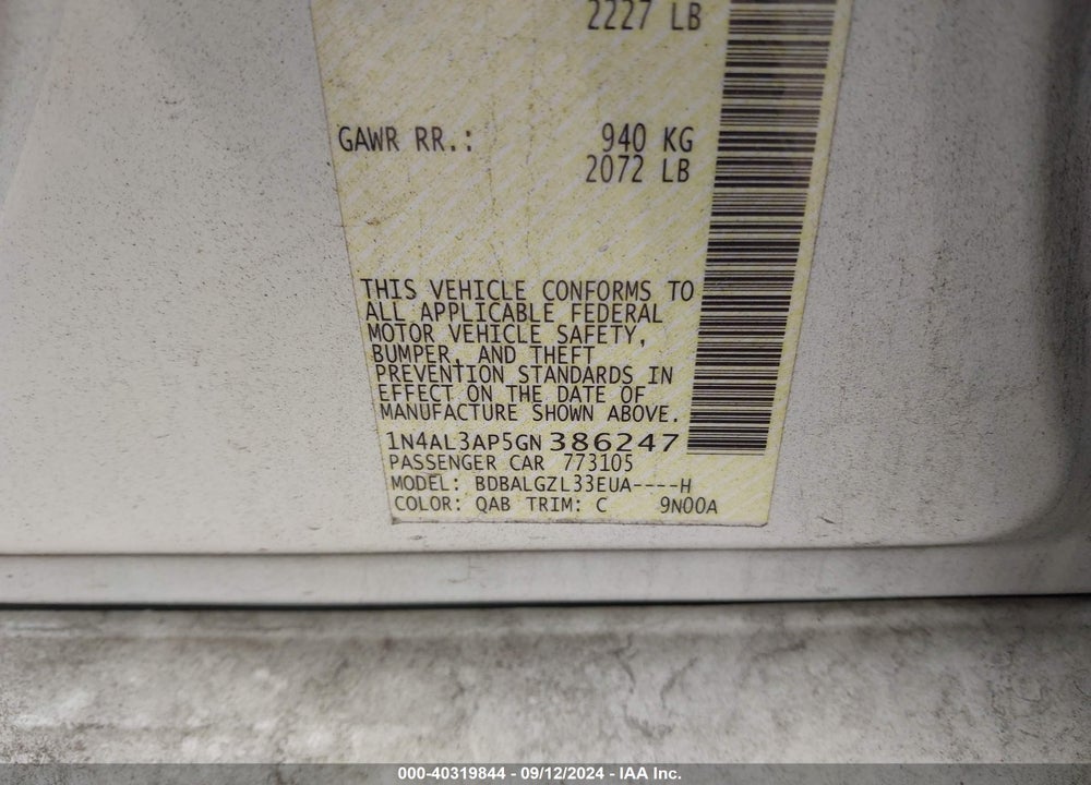 2016 NISSAN ALTIMA 2.5 S VIN: 1N4AL3AP5GN386247