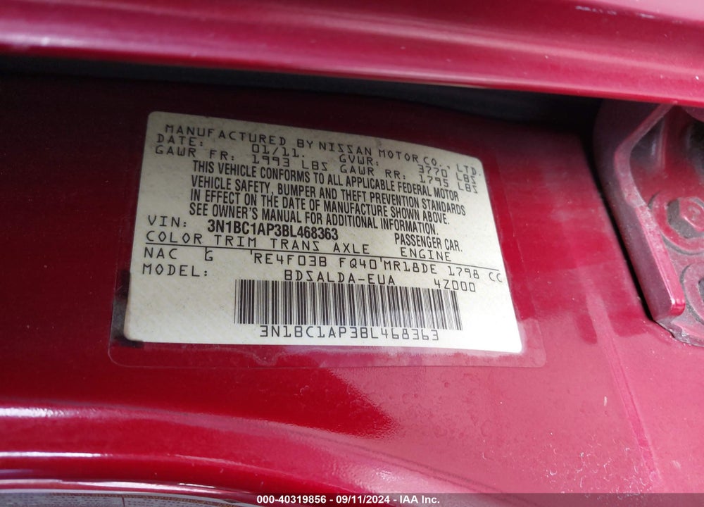 2011 NISSAN VERSA 1.8S VIN: 3N1BC1AP3BL468363