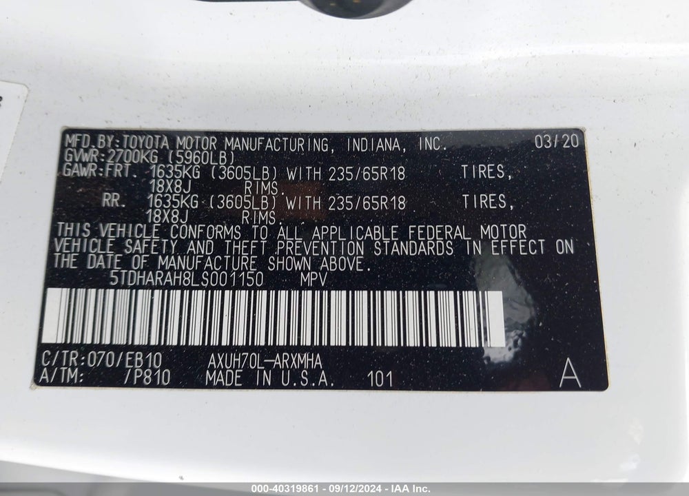 2020 TOYOTA HIGHLANDER HYBRID XLE VIN: 5TDHARAH8LS001150