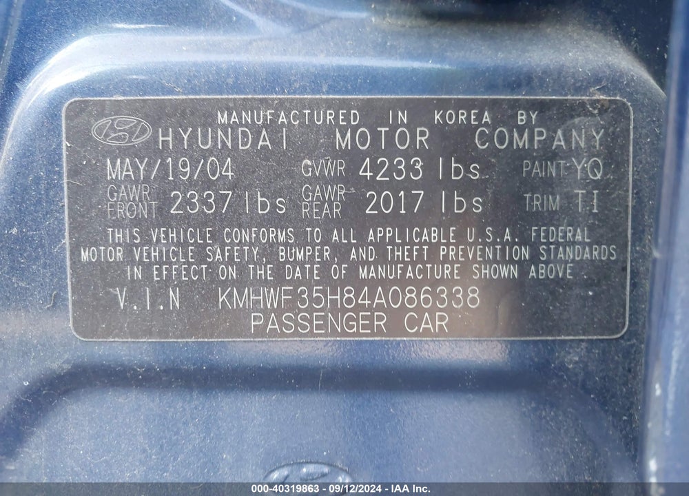 2004 HYUNDAI SONATA GLS/LX VIN: KMHWF35H84A086338