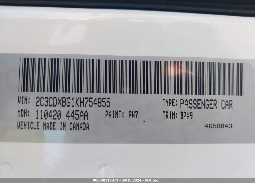 2019 DODGE CHARGER SXT RWD VIN: 2C3CDXBG1KH754855