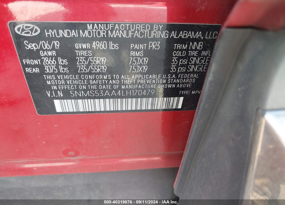 2020 HYUNDAI SANTA FE LIMITED 2.0T VIN: 5NMS53AA4LH170479