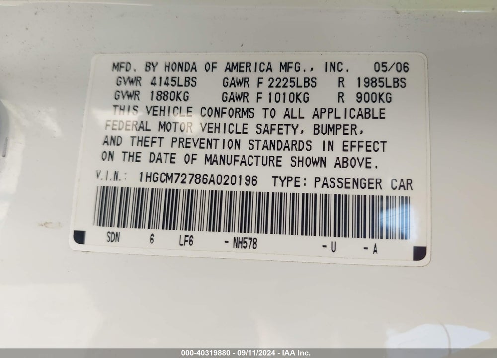 2006 HONDA ACCORD 2.4 EX VIN: 1HGCM72786A020196