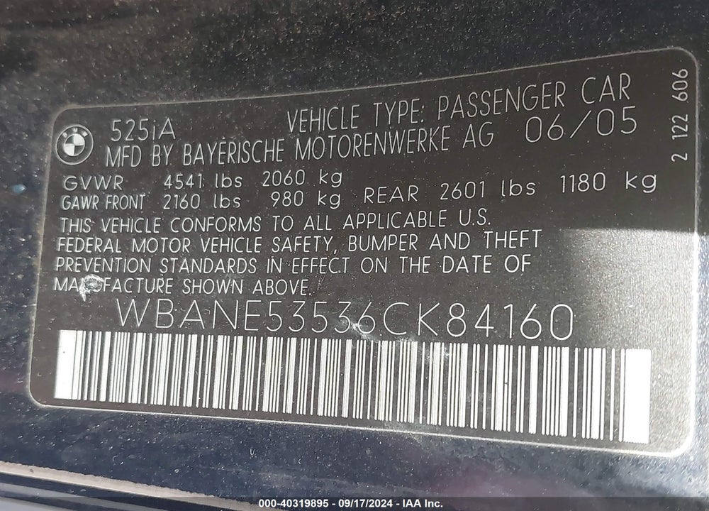 2006 BMW 525I VIN: WBANE53536CK84160