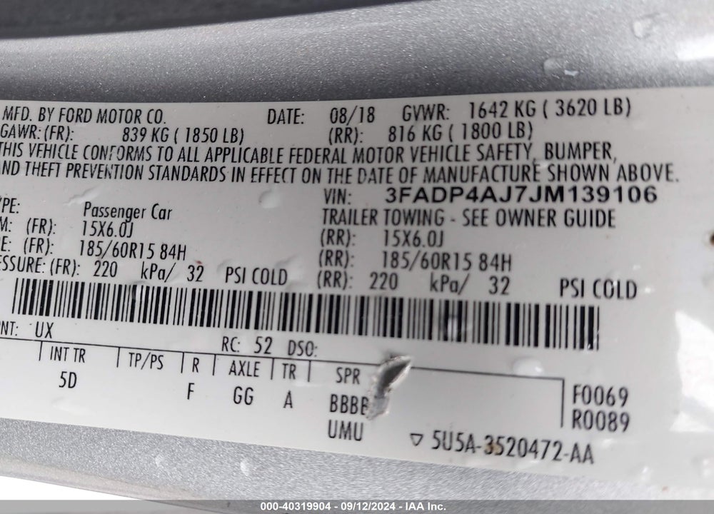 2018 FORD FIESTA S VIN: 3FADP4AJ7JM139106