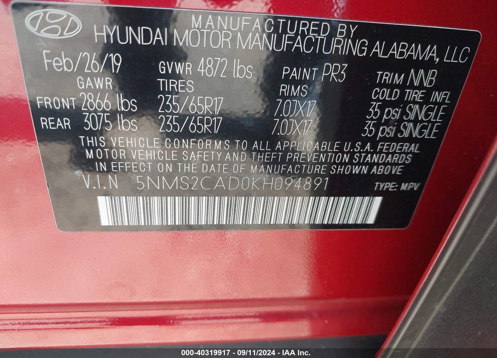 2019 HYUNDAI SANTA FE SE VIN: 5NMS2CAD0KH094891