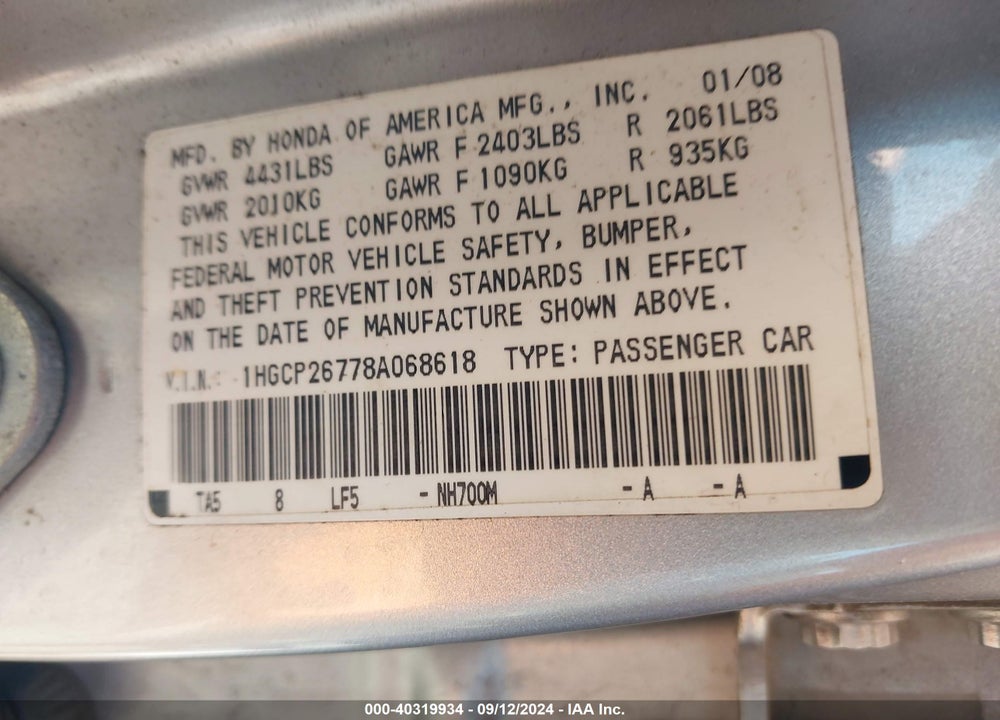 2008 HONDA ACCORD 2.4 EX VIN: 1HGCP26778A068618
