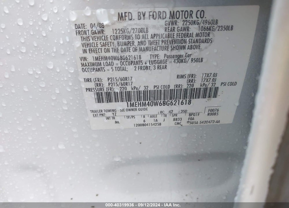 2008 MERCURY SABLE VIN: 1MEHM40W68G621618