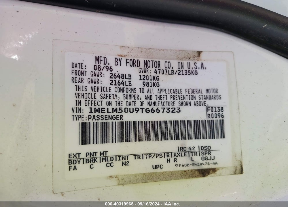 1996 MERCURY SABLE GS VIN: 1MELM50U9TG667323
